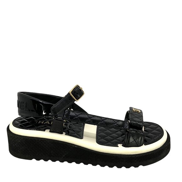 CHANEL Lambskin Patent Logo Platform Sandals Size 42 - Picture 3 of 6